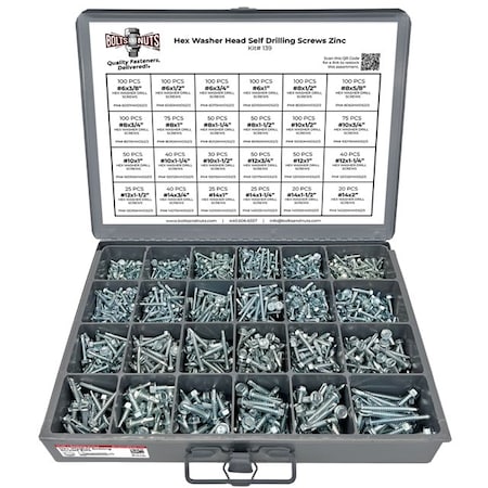 Boltsandnuts.Com Unslotted Hex Washer Head Self Drilling Screws - 1466 PCS Assortment Kit #139
